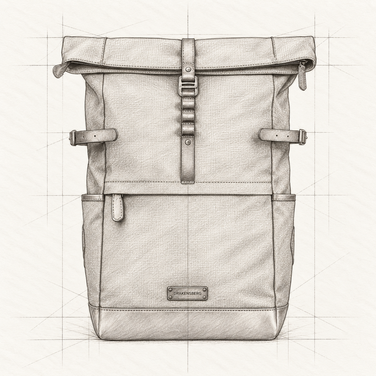 Handgezeichnete Konstruktionsskizze des Rolltop-Rucksacks Wyatt mit Lederriemen und seitlichen Flaschenfächern.