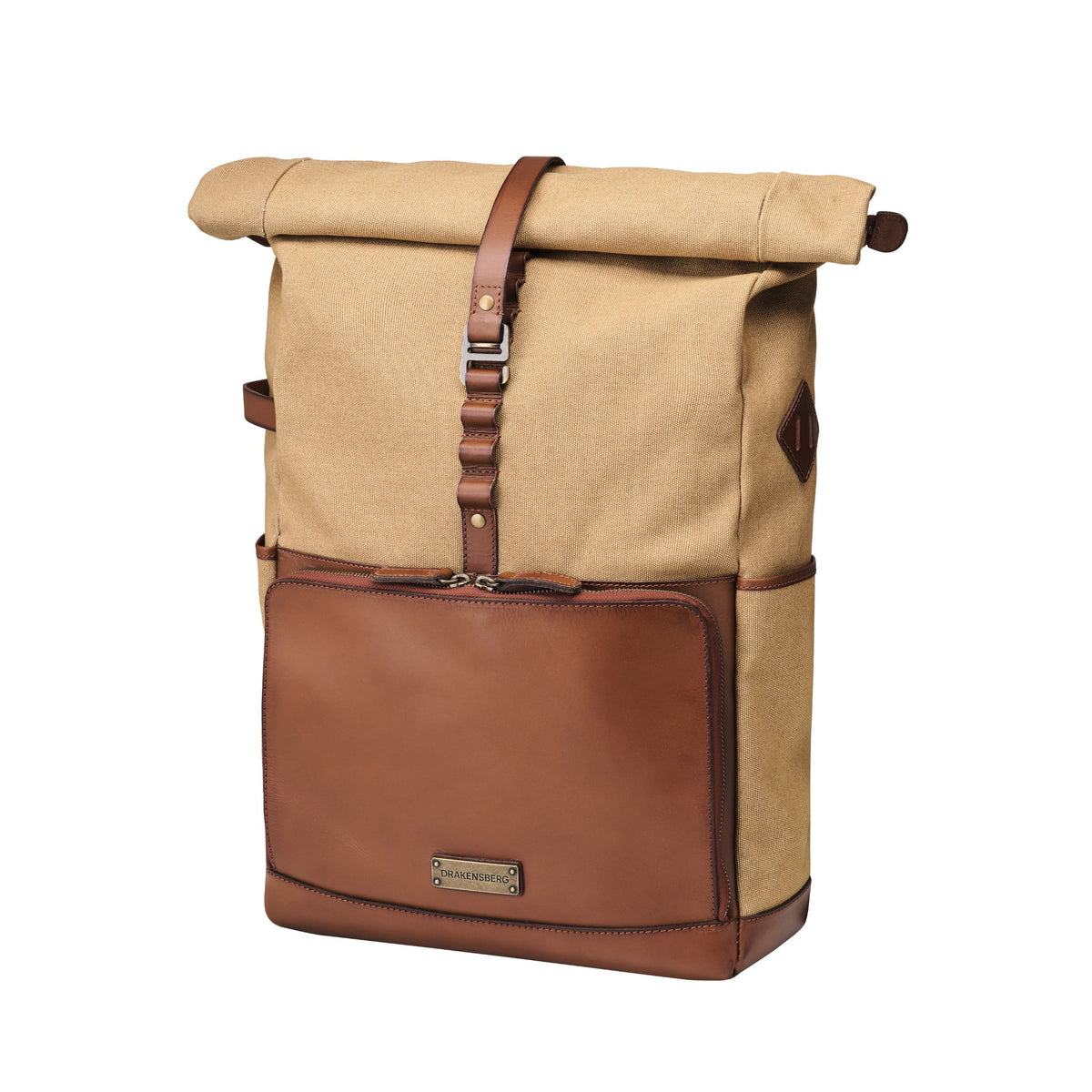 Sac à dos ordinateur Arthur en toile et cuir Beige kaki – vue de trois quarts avec rolltop et poche avant