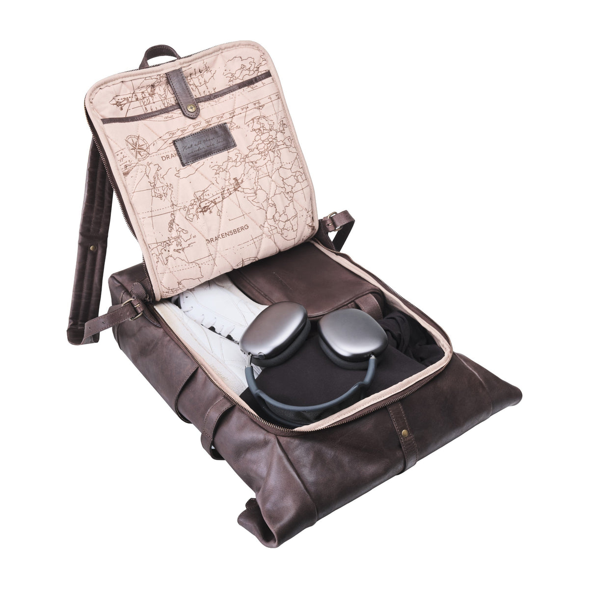Arthur leather laptop backpack in Coffee Brown – clamshell opening with packed main compartment