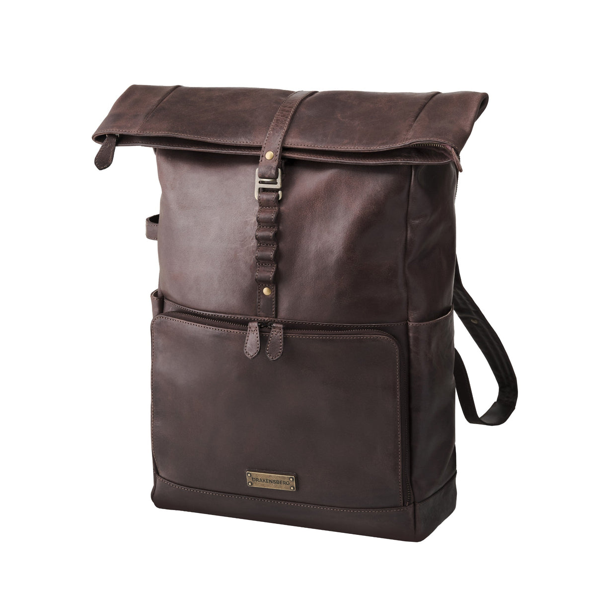 Arthur leather laptop backpack in Coffee Brown – three-quarter view with rolltop and front pocket