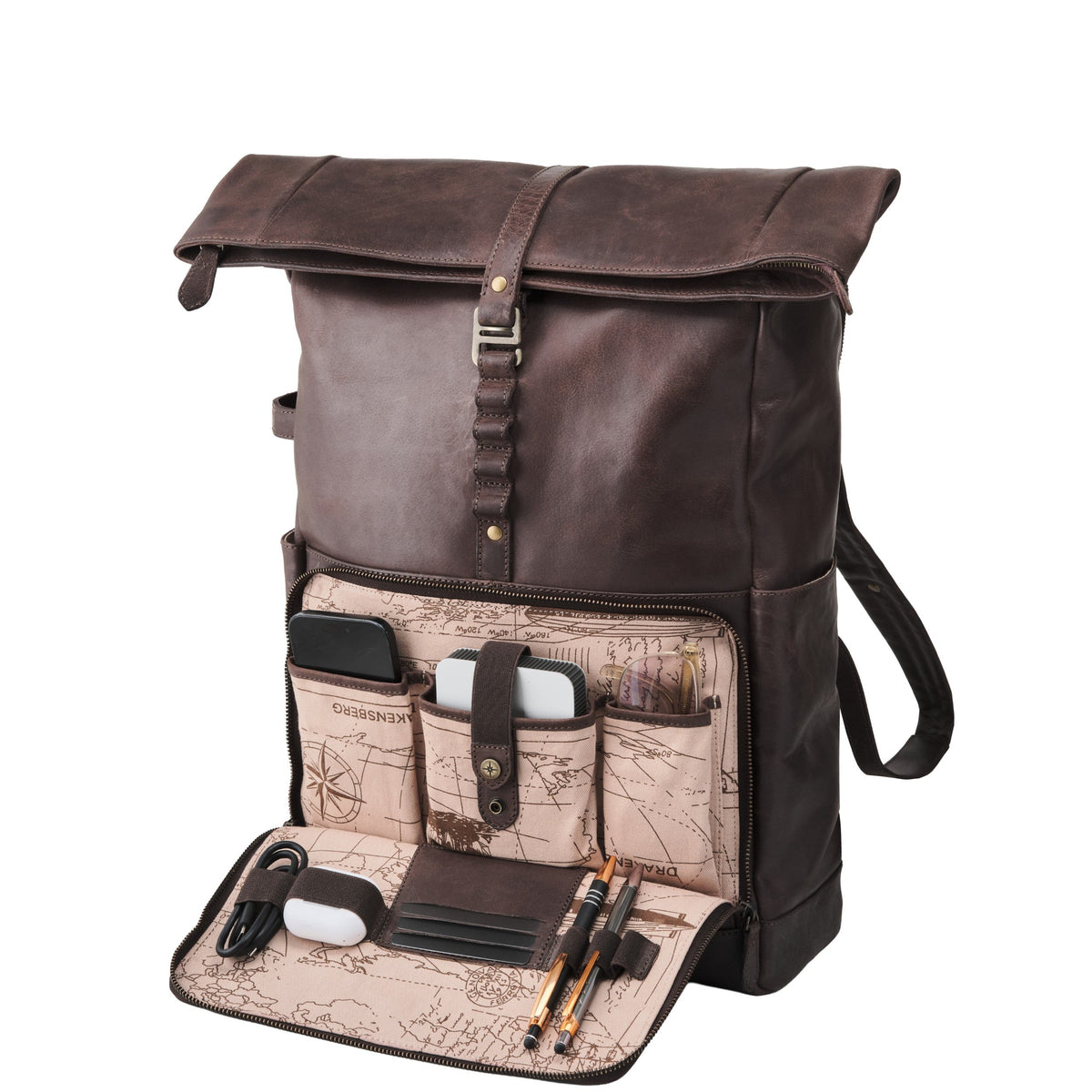 Arthur leather laptop backpack in Coffee Brown – open organiser pocket with tech accessories