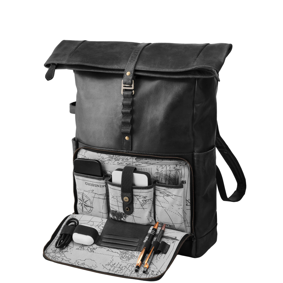 Arthur leather laptop backpack in Vintage Black – open organiser pocket with tech accessories