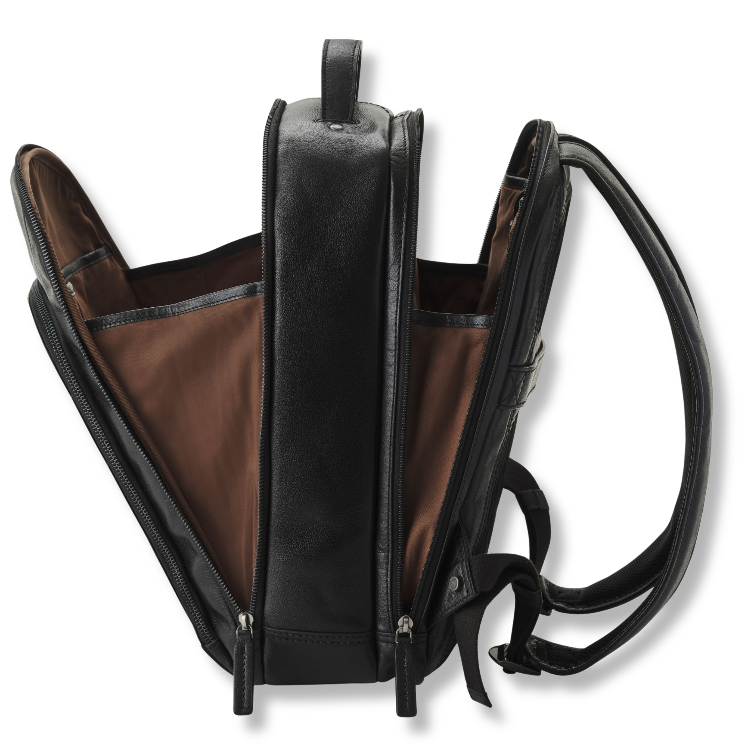 Der Laptoprucksack Frederico aus Leder mit geöffneten Fächern für Laptop, Akten, Dokumente, Wertsachen und elektronisches Zubehör