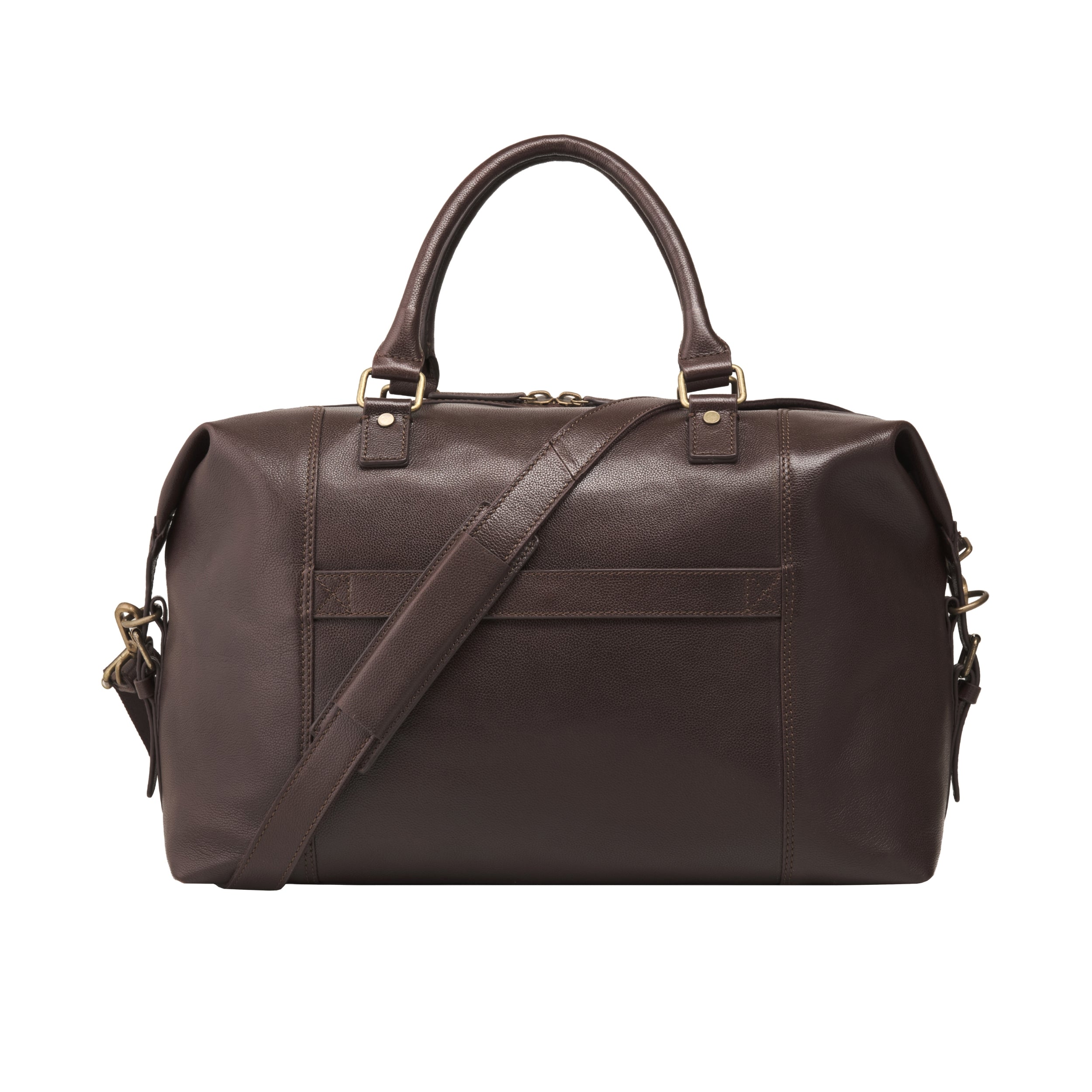 Rear of the Marcello travel bag in Chocolate Brown with trolley sleeve