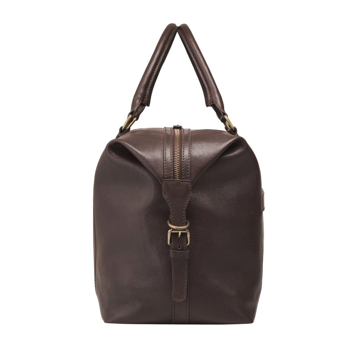 Side view of the Marcello travel bag in Chocolate Brown with fastened side strap