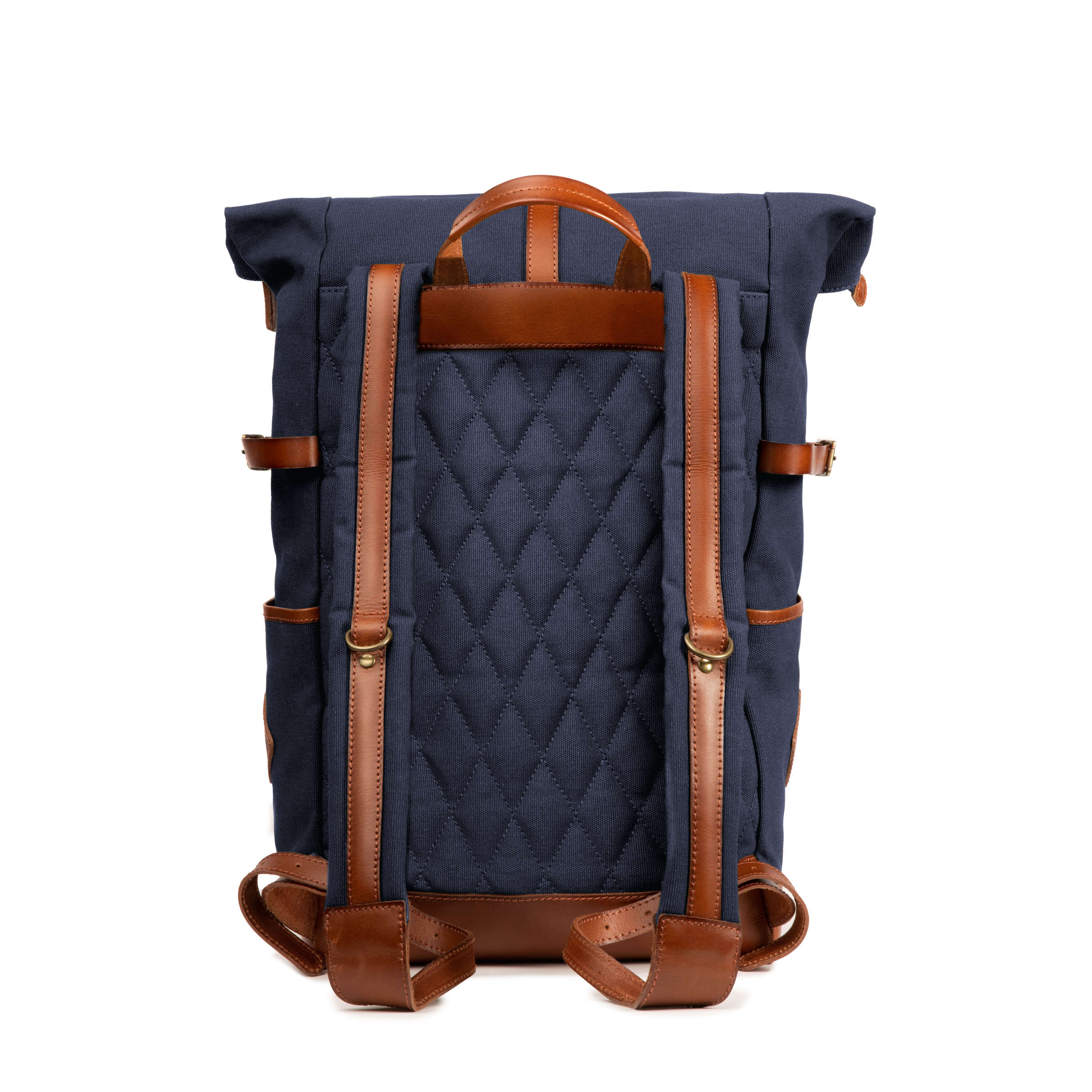 Rucksack Canvas Wyatt mit Leder für Herren und Damen, dunkelblau, Rückseite mit Rauten-Steppung und Polsterung