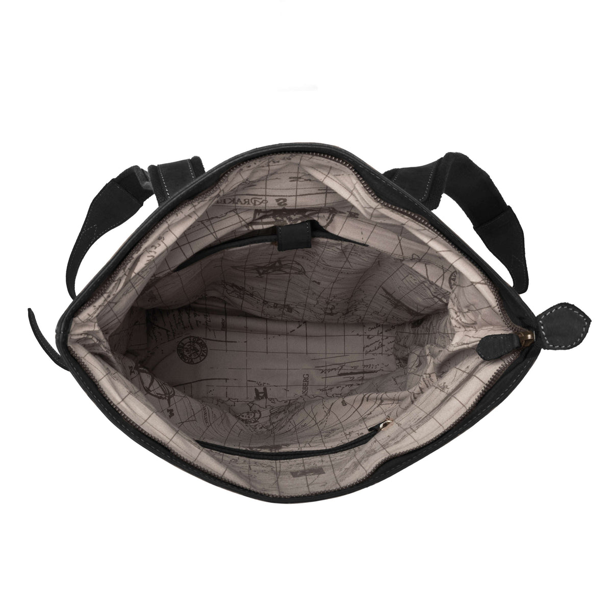 Ryan leather rolltop backpack in Vintage Black – open backpack showing the interior