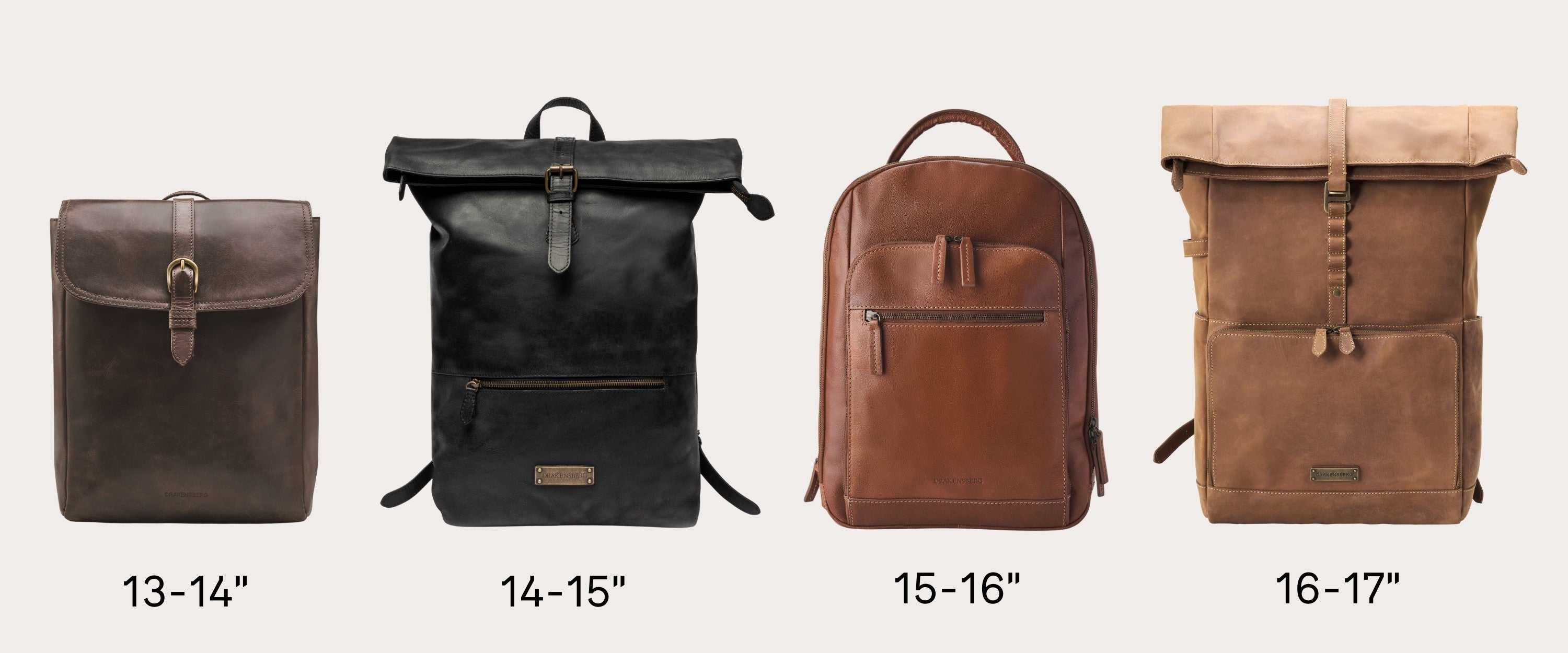 Gegenüberstellung von verschiedenen Laptop Rucksäcken bezogen auf die Größe des Laptopfachs. Die Business Rucksäcke bestehen aus Leder und Baumwolle.