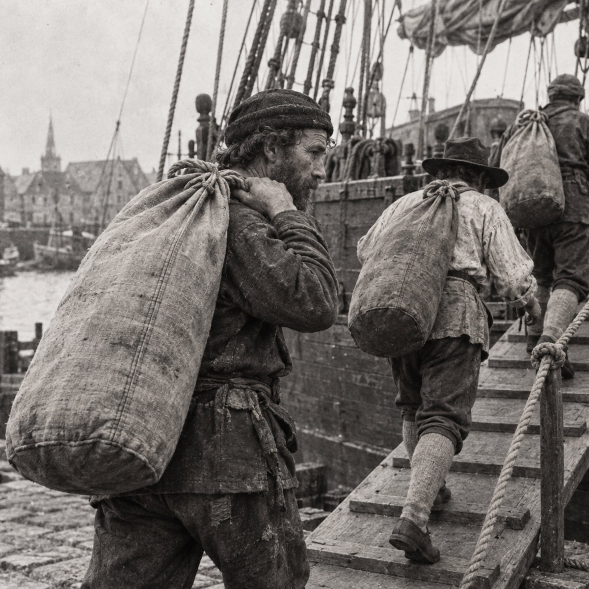Seefahrer mit Seesäcken an Bord eines Segelschiffs als Illustration der Duffel-Tradition