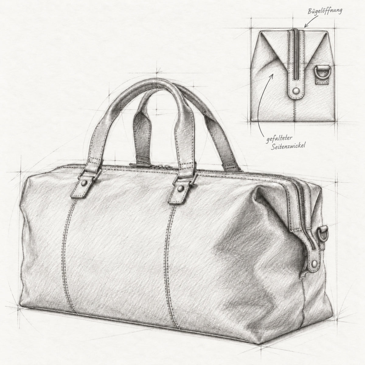 Technische Zeichnung der Reisetasche Enzo im Stil einer klassischen Doktortasche