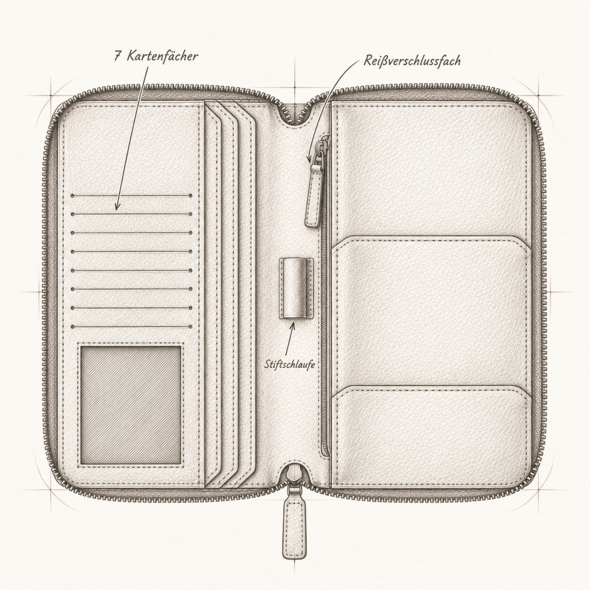 Technische Zeichnung der geöffneten Reisebrieftasche Travis mit Organizerfächern
