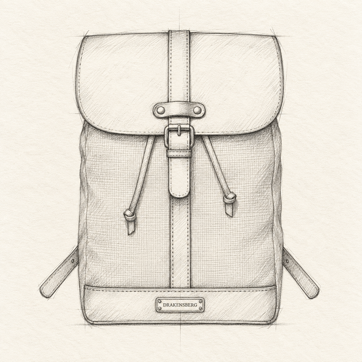 Bleistiftskizze des Rucksacks Charly mit Lederklappe und Verschlussriemen