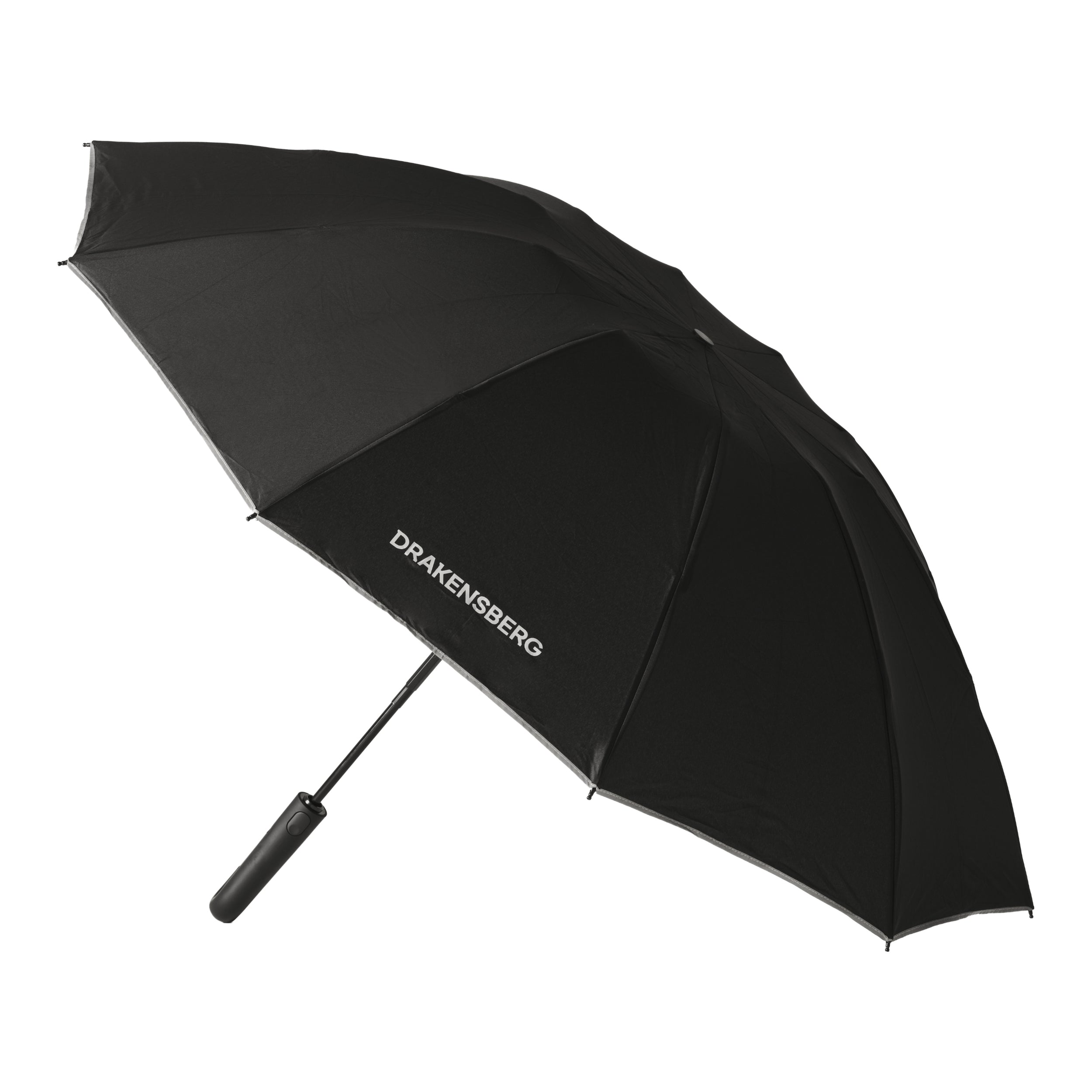 Geöffneter schwarzer Automatik-Regenschirm Nimbus von DRAKENSBERG in schräger Ansicht