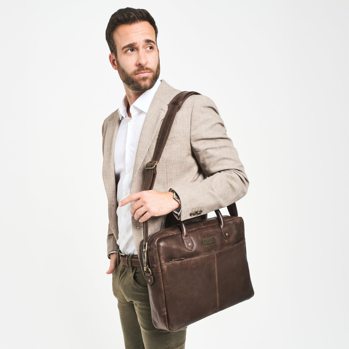Hugo leather briefcase in Coffee Brown – worn as a shoulder bag