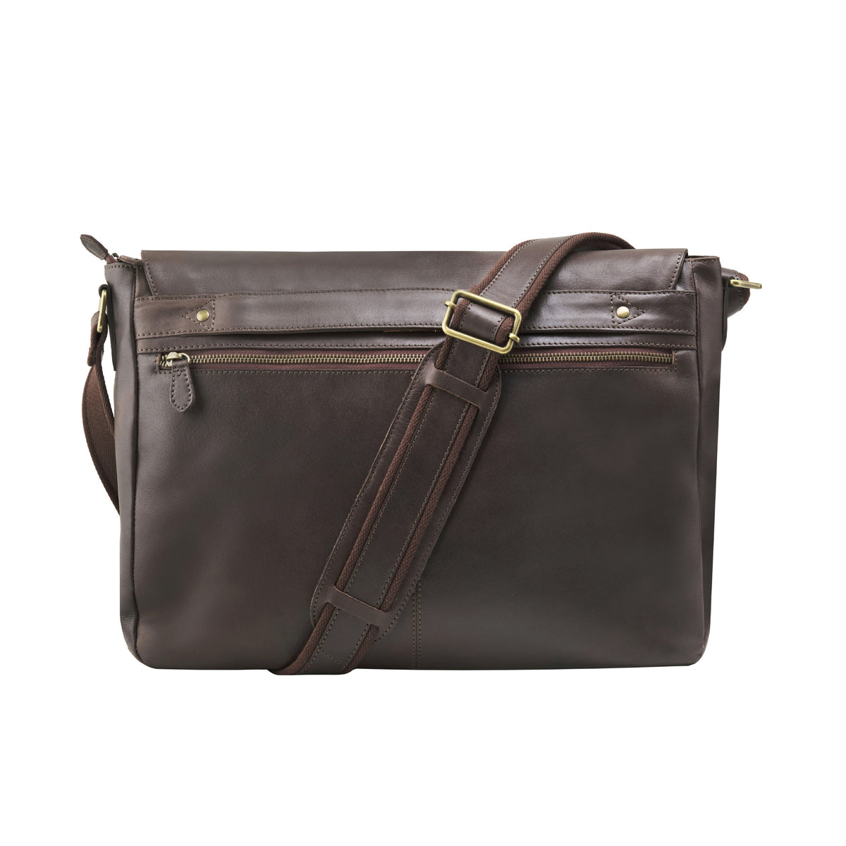 Messenger Bag Leon in Kaffee-Braun – Rückseite mit Trolley-Lasche und Reißverschlussfach