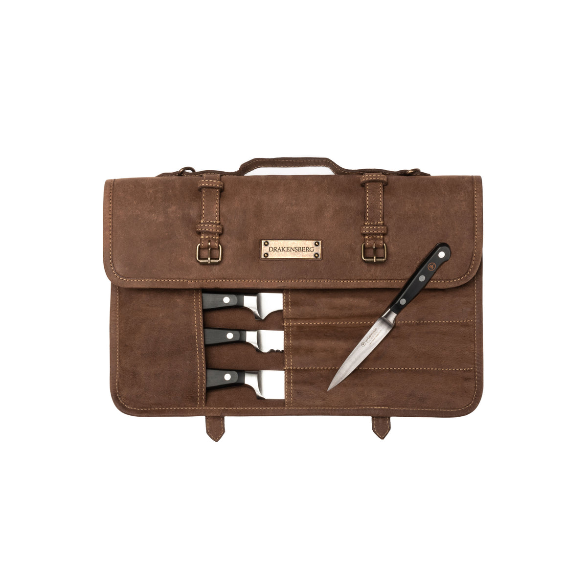 Trousse à couteaux Blade Marron Havane, partiellement ouverte avec des couteaux de cuisine