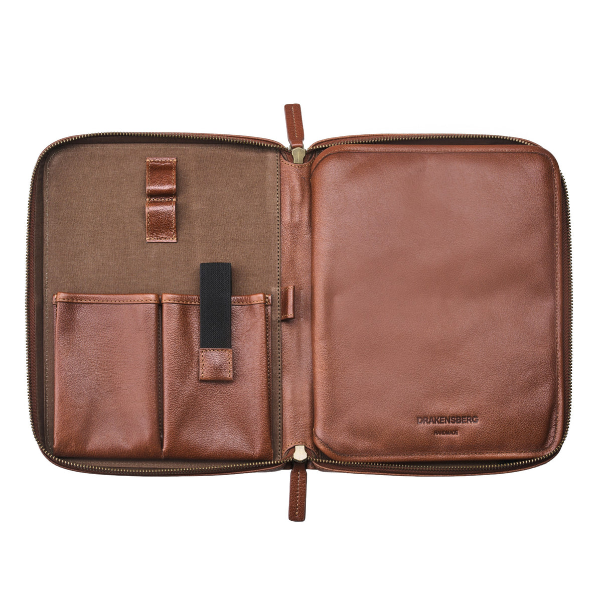 Open Nolan tablet bag in Chestnut Brown buffalo leather with tablet compartment, interior pockets and holders