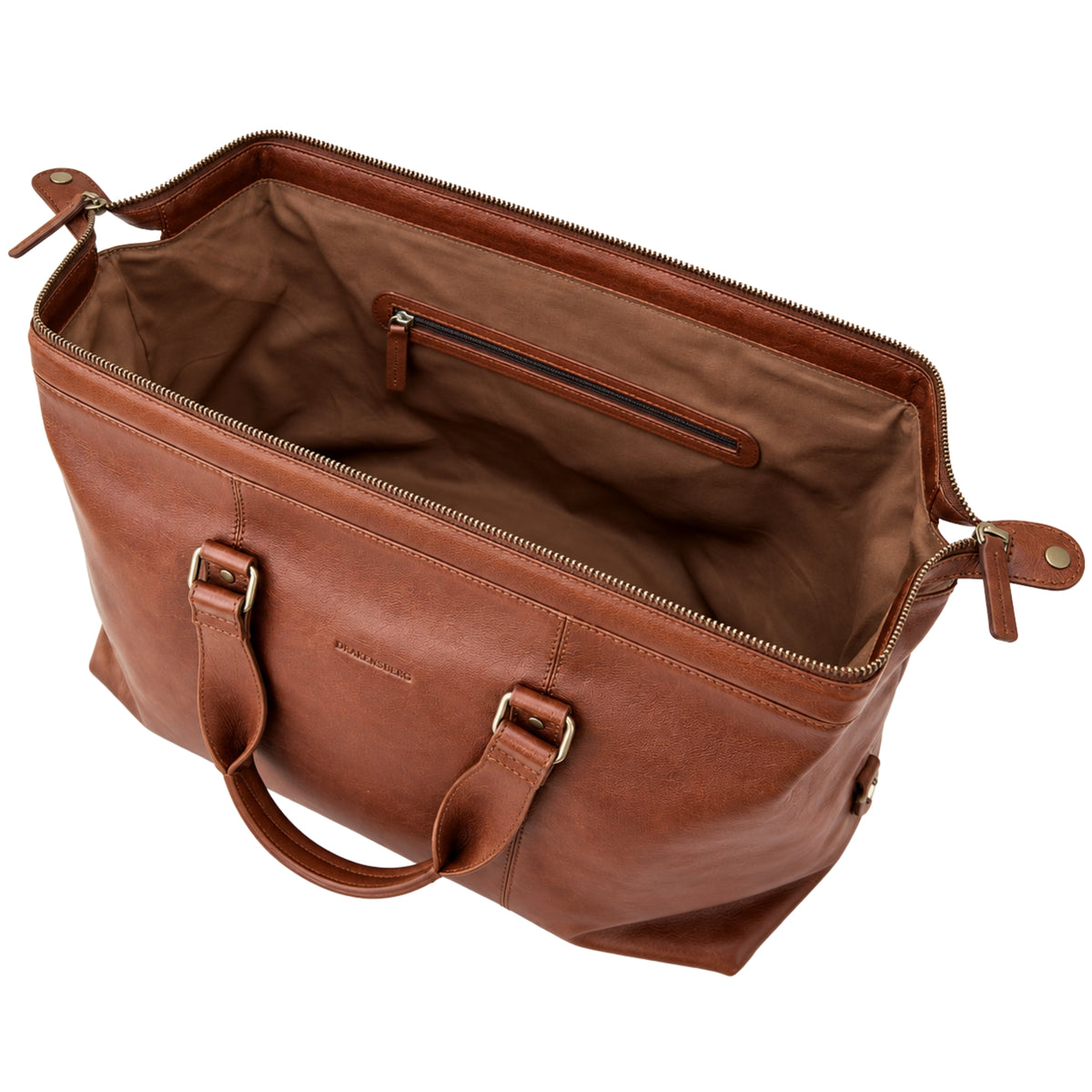 Open Enzo travel bag in Chestnut Brown with interior zipped pocket