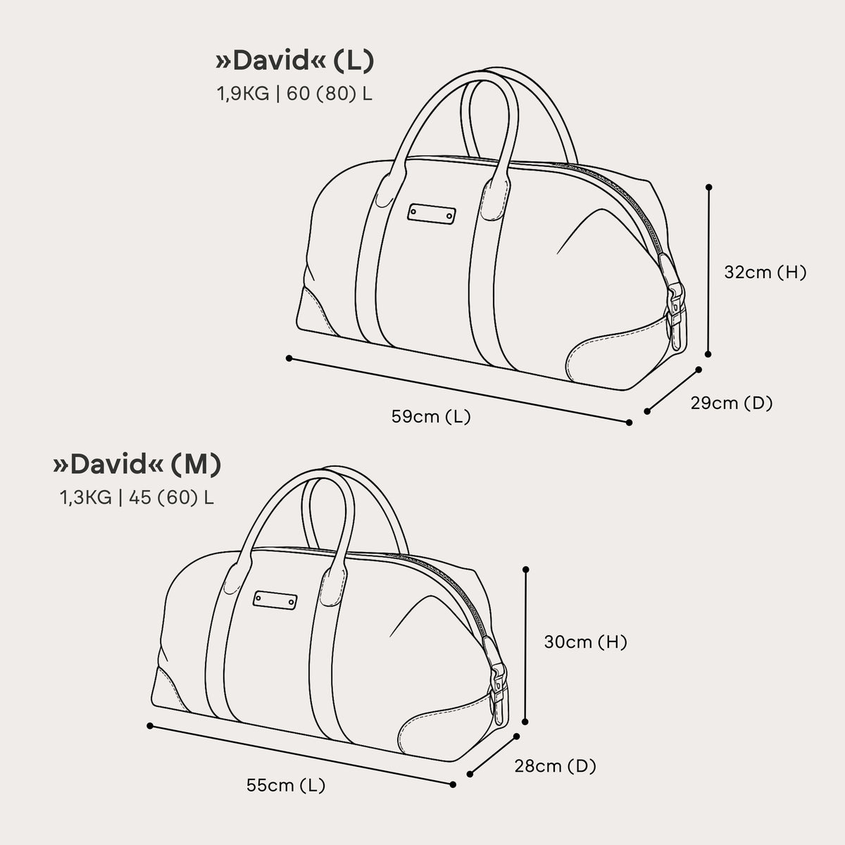 Compact David weekender in canvas and leather in Navy Blue – size comparison