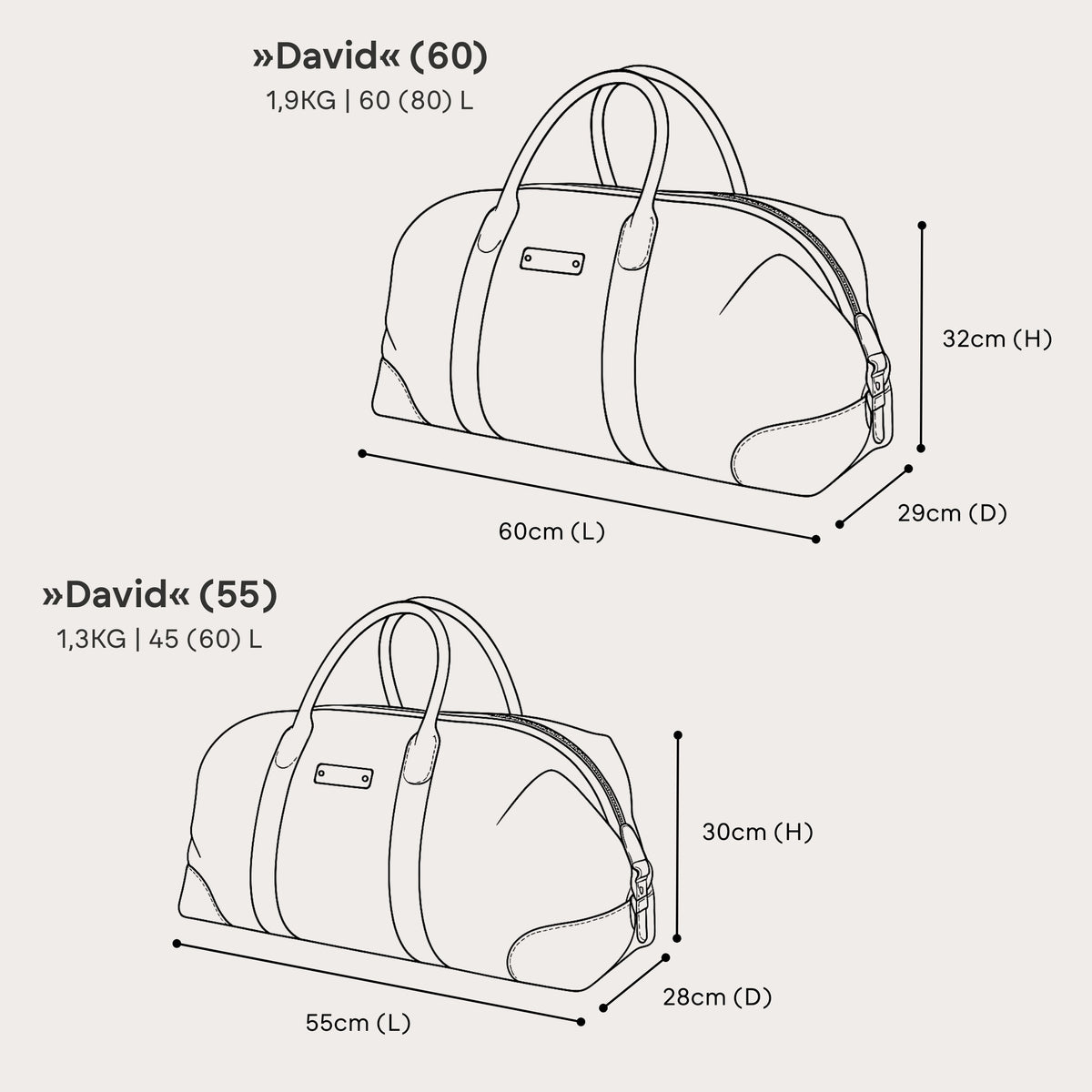 Large David weekender in canvas and leather in Navy Blue – size comparison