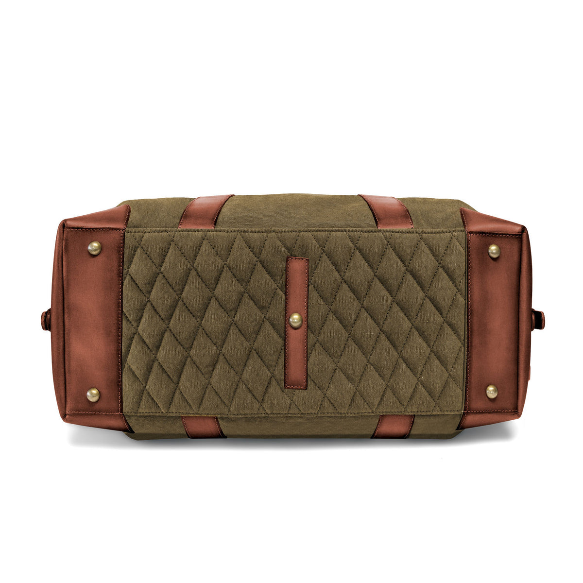 Large David weekender in canvas and leather in Olive Green – base view with diamond stitching