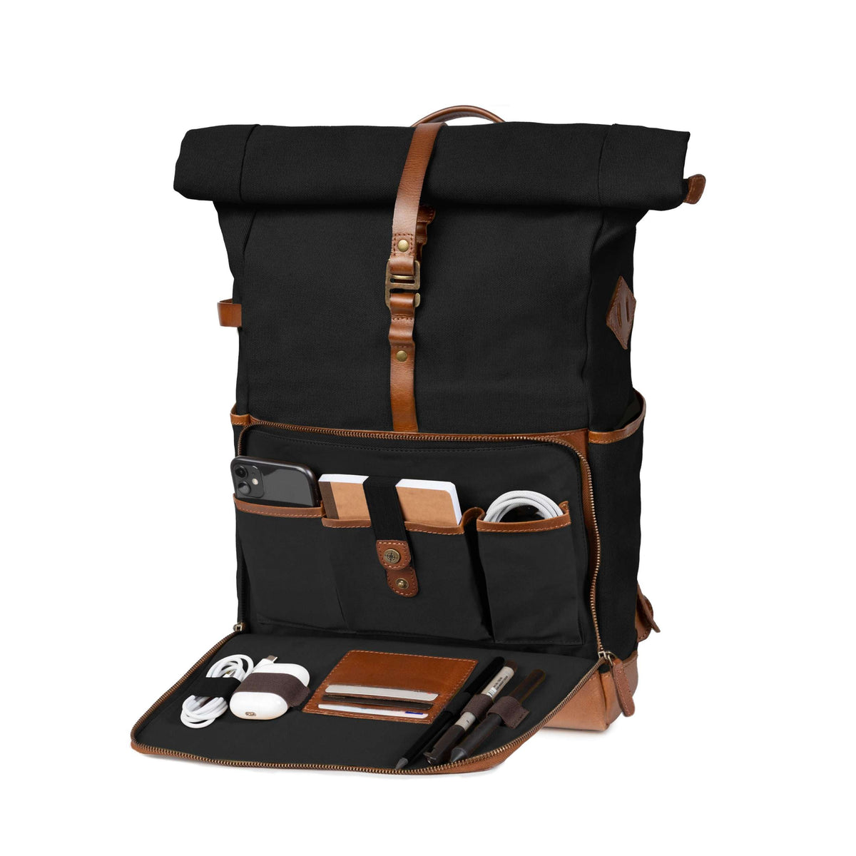 Sac à dos ordinateur Arthur en toile et cuir Noir – poche organiseur ouverte avec accessoires