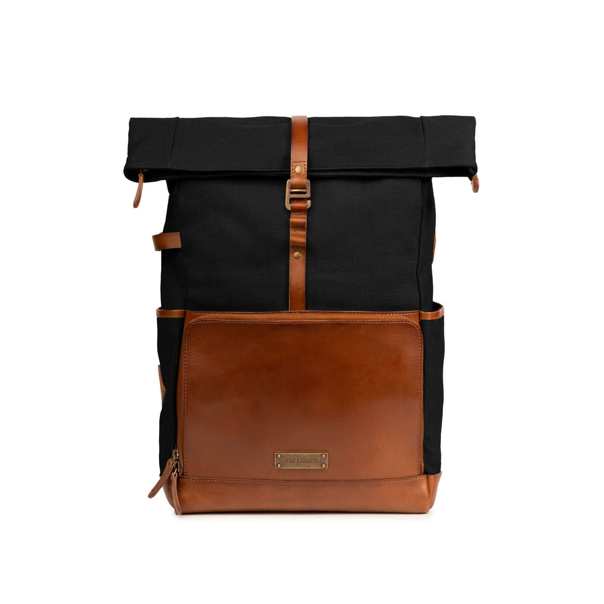 Sac à dos ordinateur Arthur en toile et cuir Noir – vue de face avec rolltop et poche avant