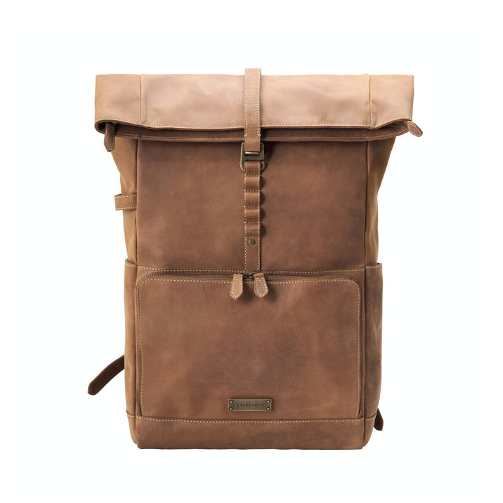 Sac à dos ordinateur Arthur en cuir Brun havane – vue de face avec rolltop et poche avant