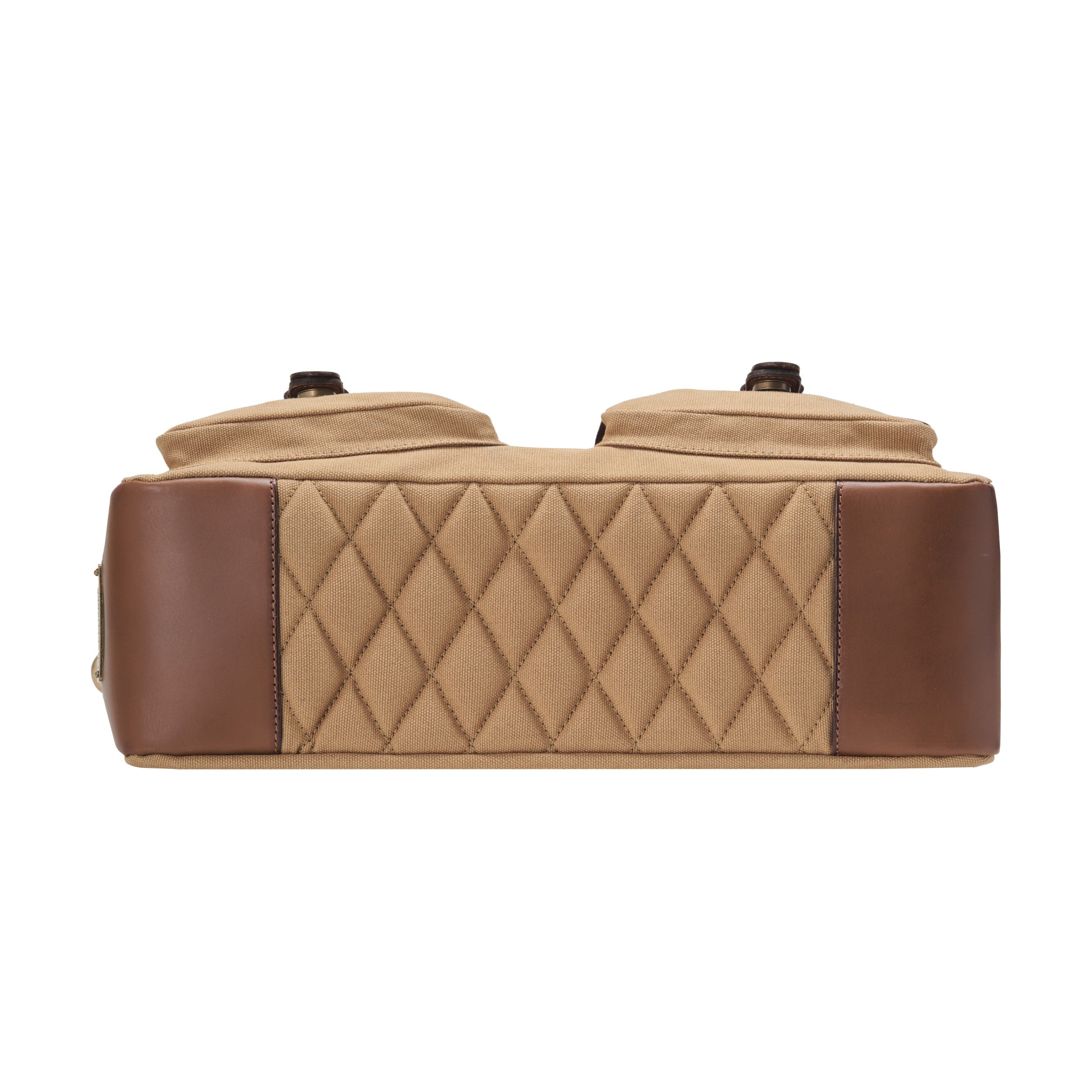 Aktentasche und Laptoptasche Herren aus Canvas und Leder, Milo, Khaki-Beige, mit 16" Laptopfach, handgemacht mit vielen Fächern - Unterseite mit Diamant-Steppung