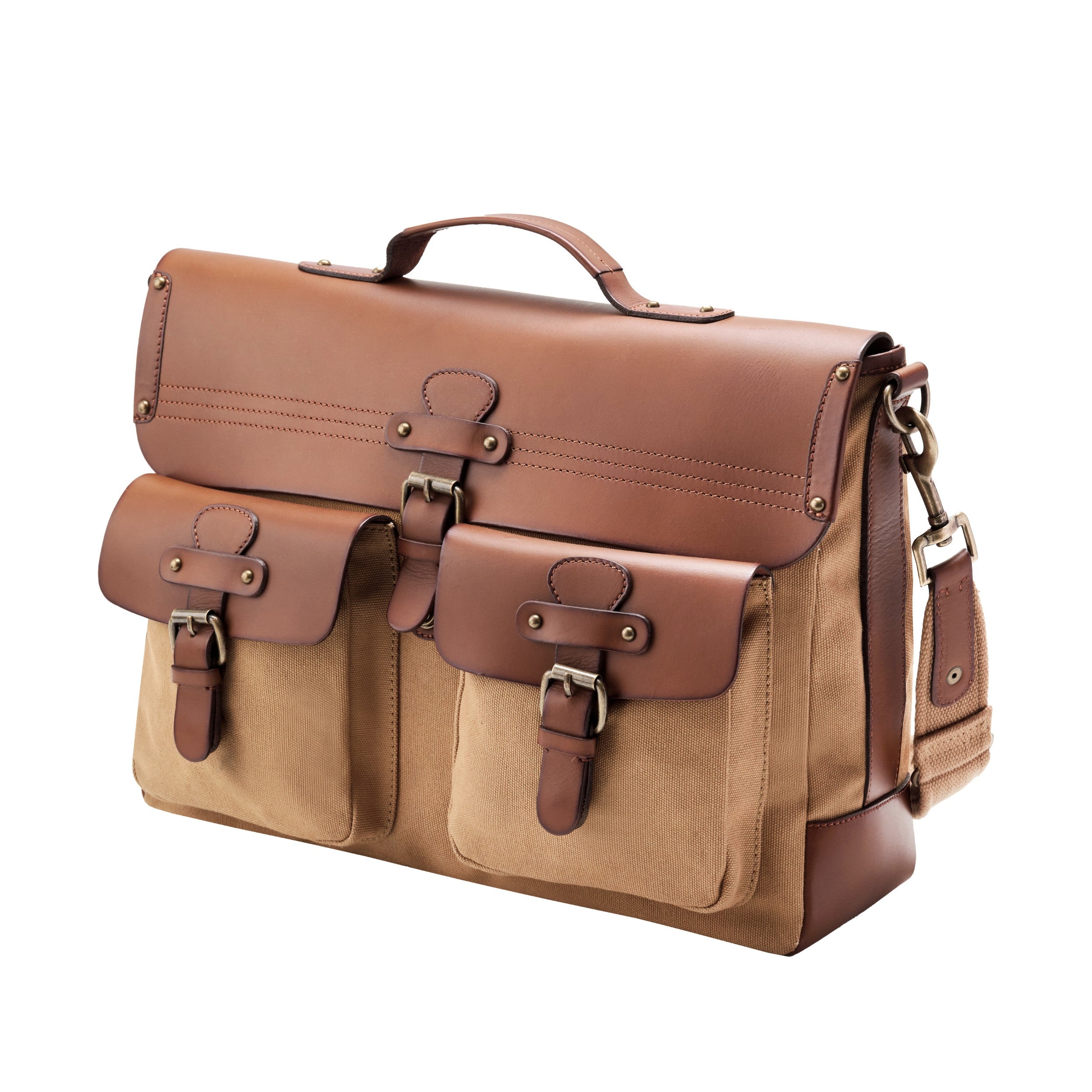Aktentasche und Laptoptasche Herren aus Canvas und Leder, Milo, Khaki-Beige, mit 16" Laptopfach, handgemacht mit vielen Fächern - Perspektive von der Vorderseite