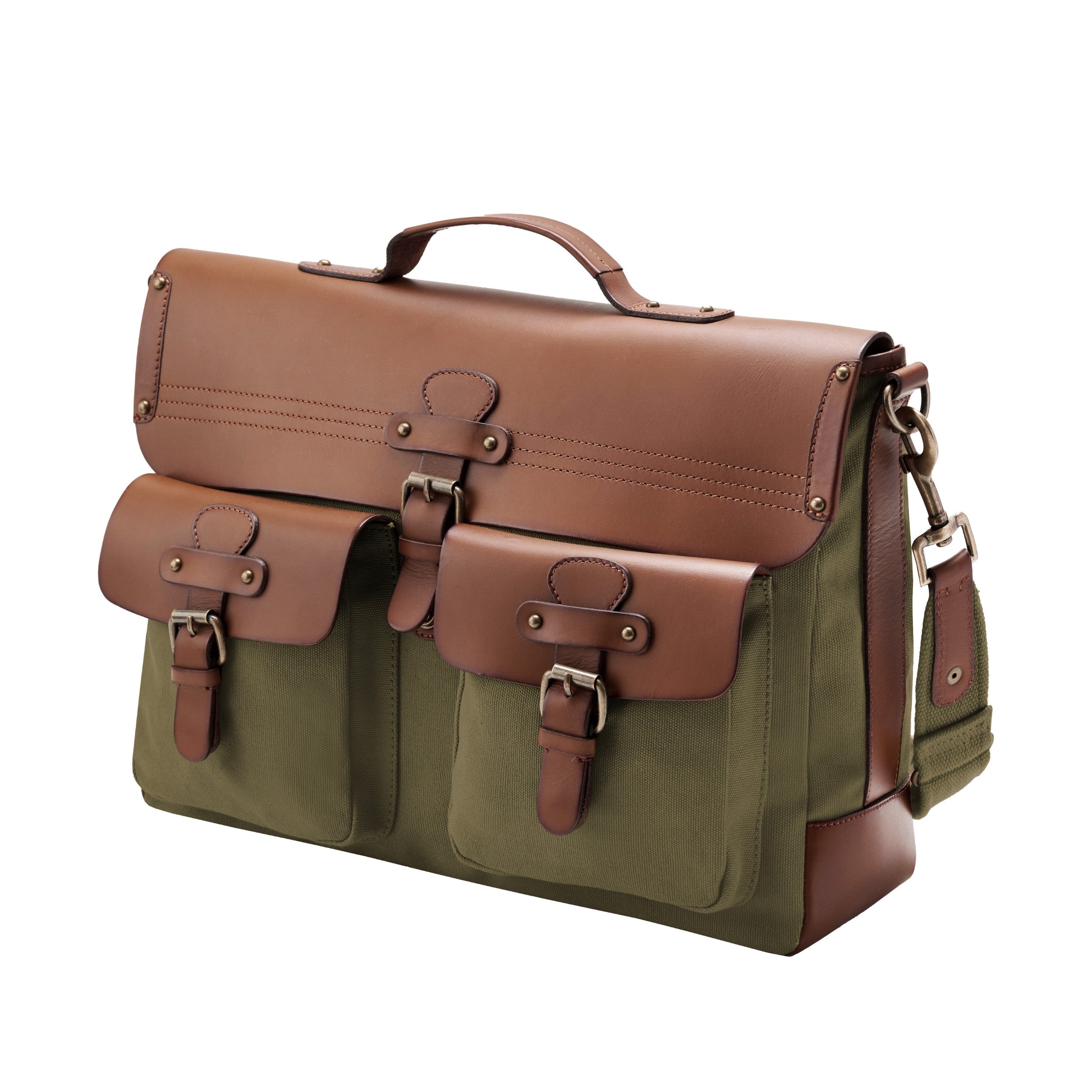 Aktentasche und Laptoptasche Herren aus Canvas und Leder, Milo, Oliv-Grün, mit 16" Laptopfach, handgemacht mit vielen Fächern - Perspektive von der Vorderseite