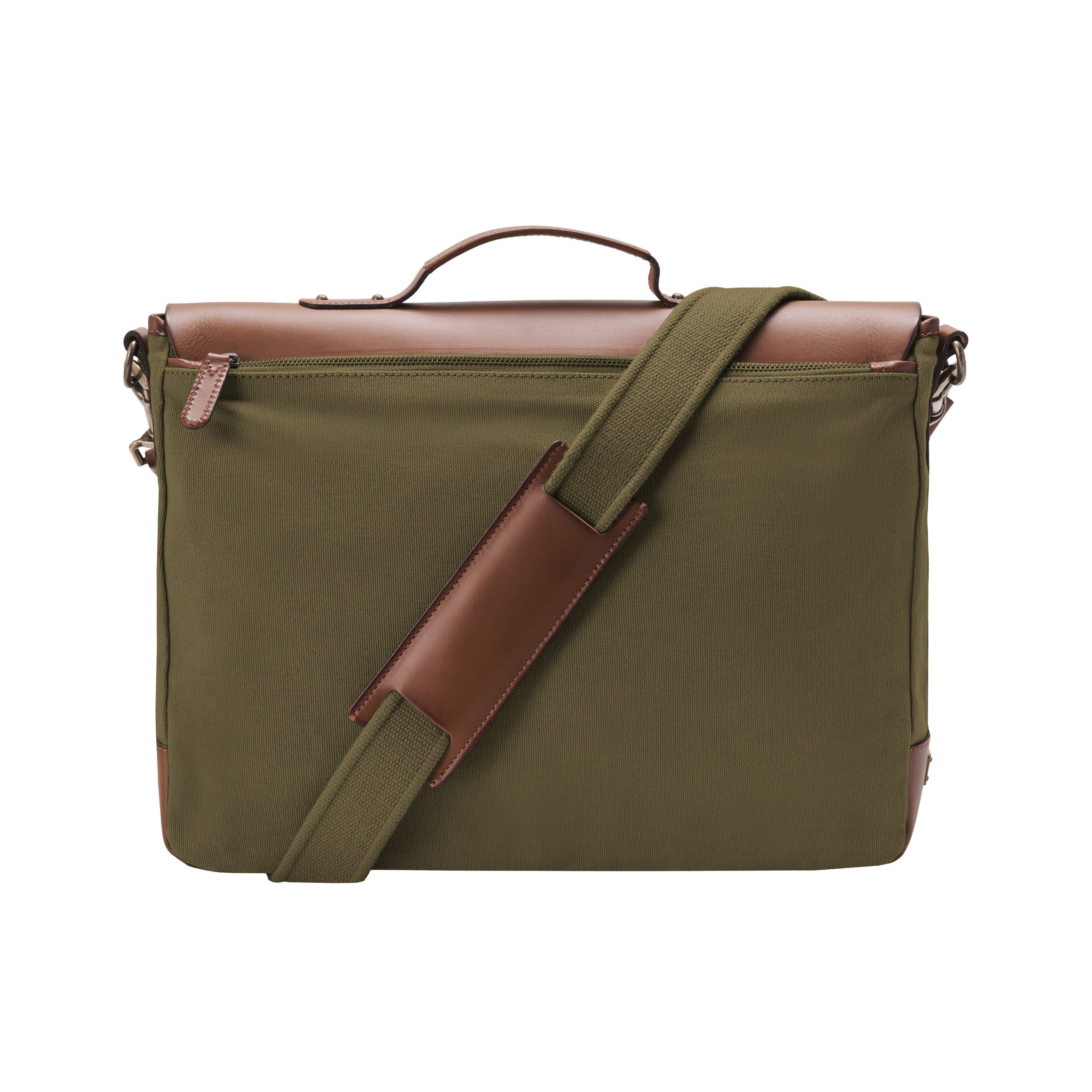 Aktentasche und Laptoptasche Herren aus Canvas und Leder, Milo, Oliv-Grün, mit 16" Laptopfach, handgemacht mit vielen Fächern - Rückseite mit Schultergurt