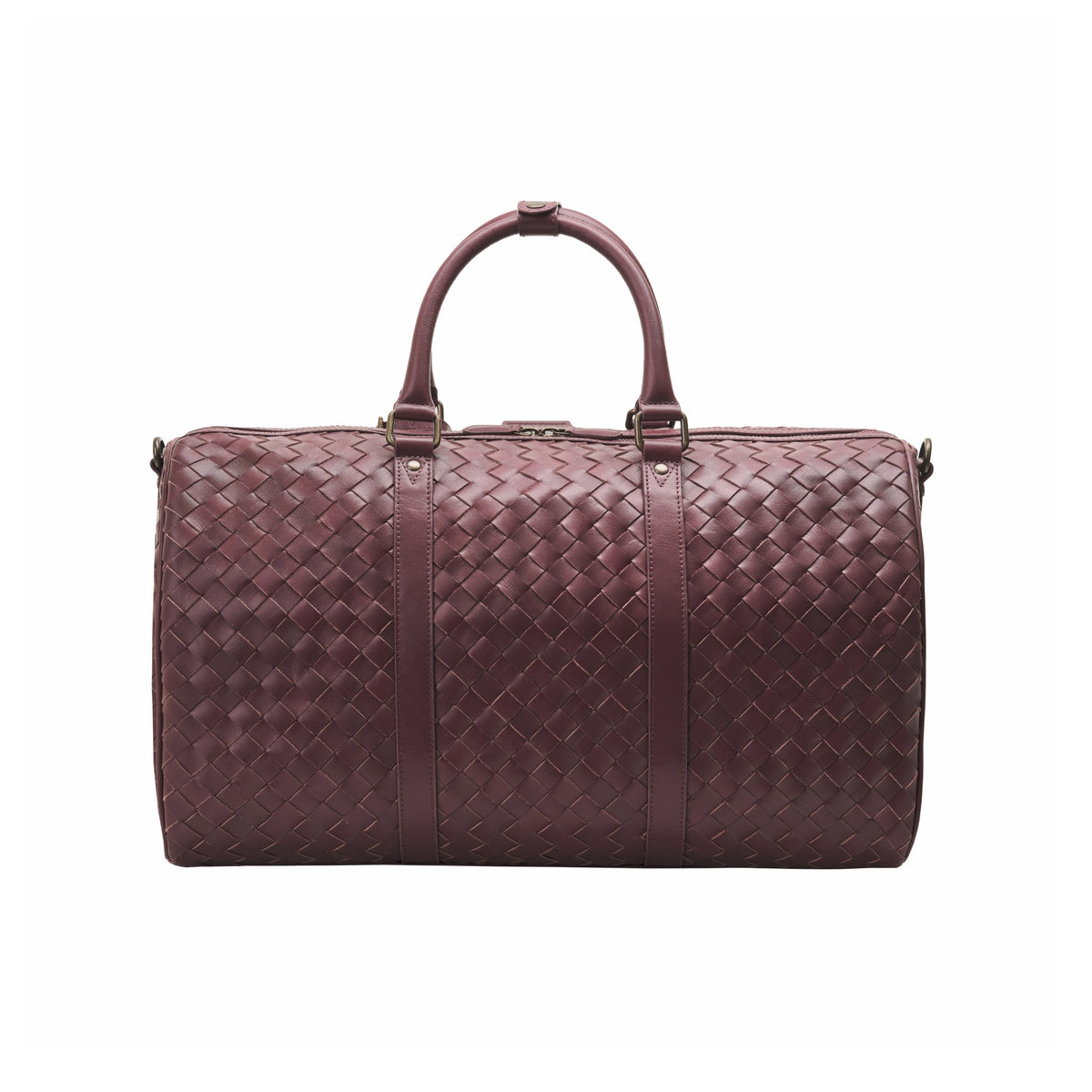 James (50) woven leather weekender in Burgundy Red front view