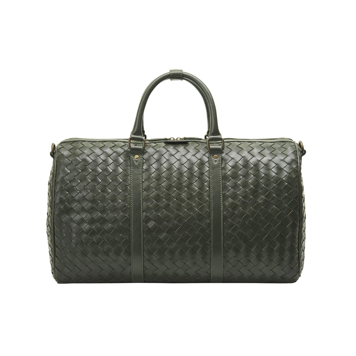 James (50) woven leather weekender in Moss Green front view