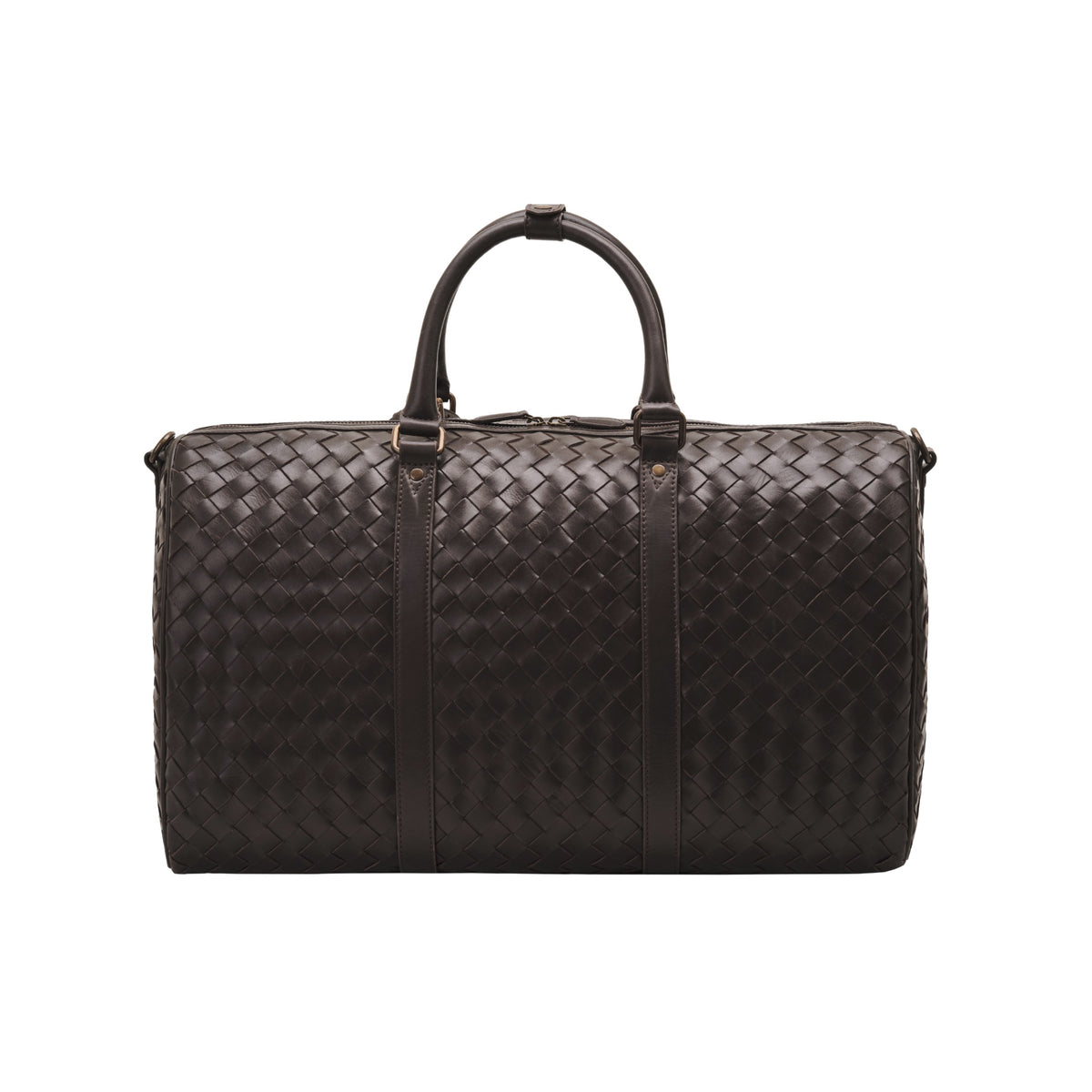 James (50) woven leather weekender in Truffle Brown front view