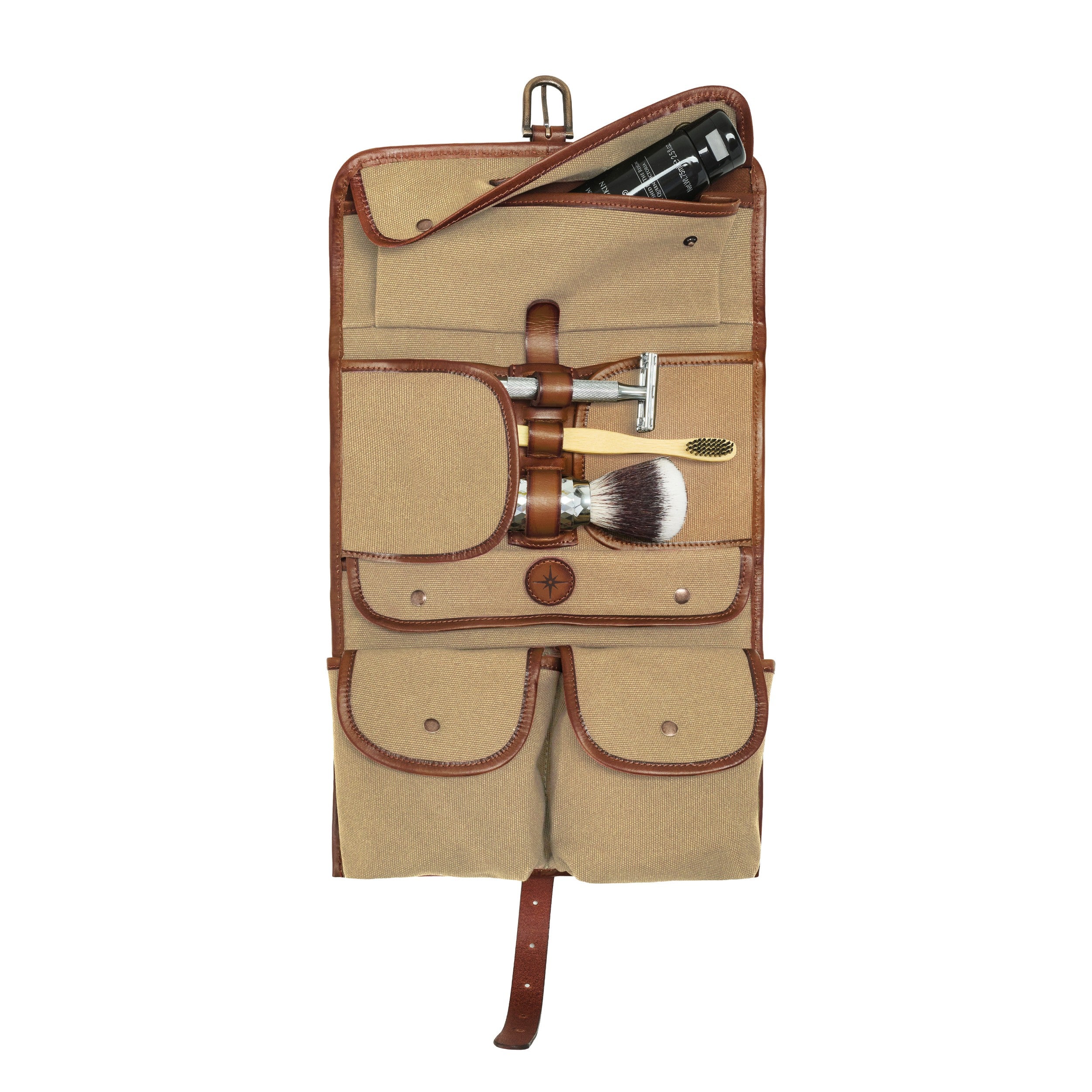 DR00166 - Kulturbeutel zum Aufhängen »Sid« Baumwolle & Leder, Vintage | Khaki-Beige, Hauptansicht