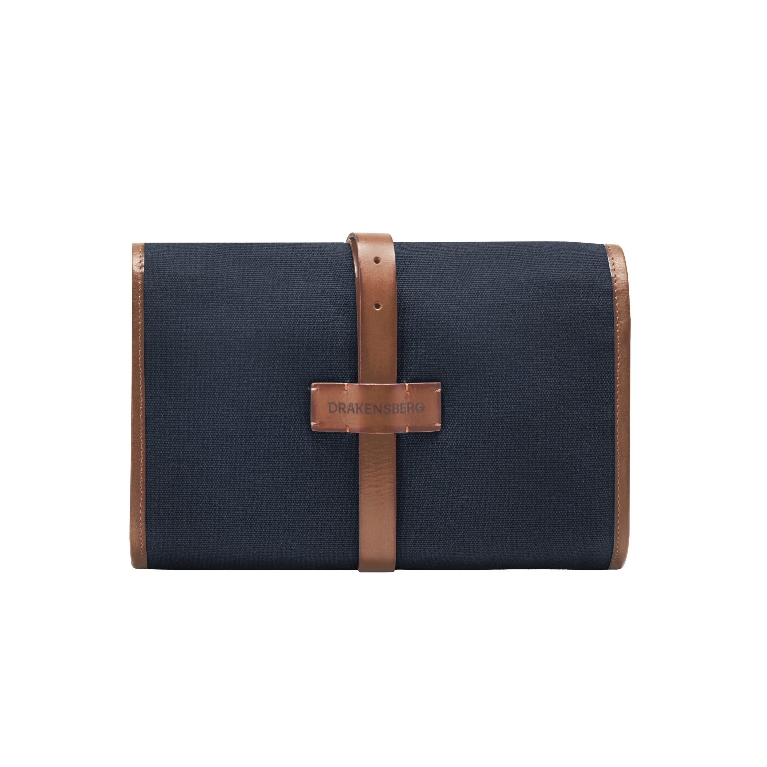 DR00196 - Kulturbeutel zum Aufhängen »Sid« Baumwolle & Leder, Vintage | Marine-Blau, zusammengerollt Rückseite