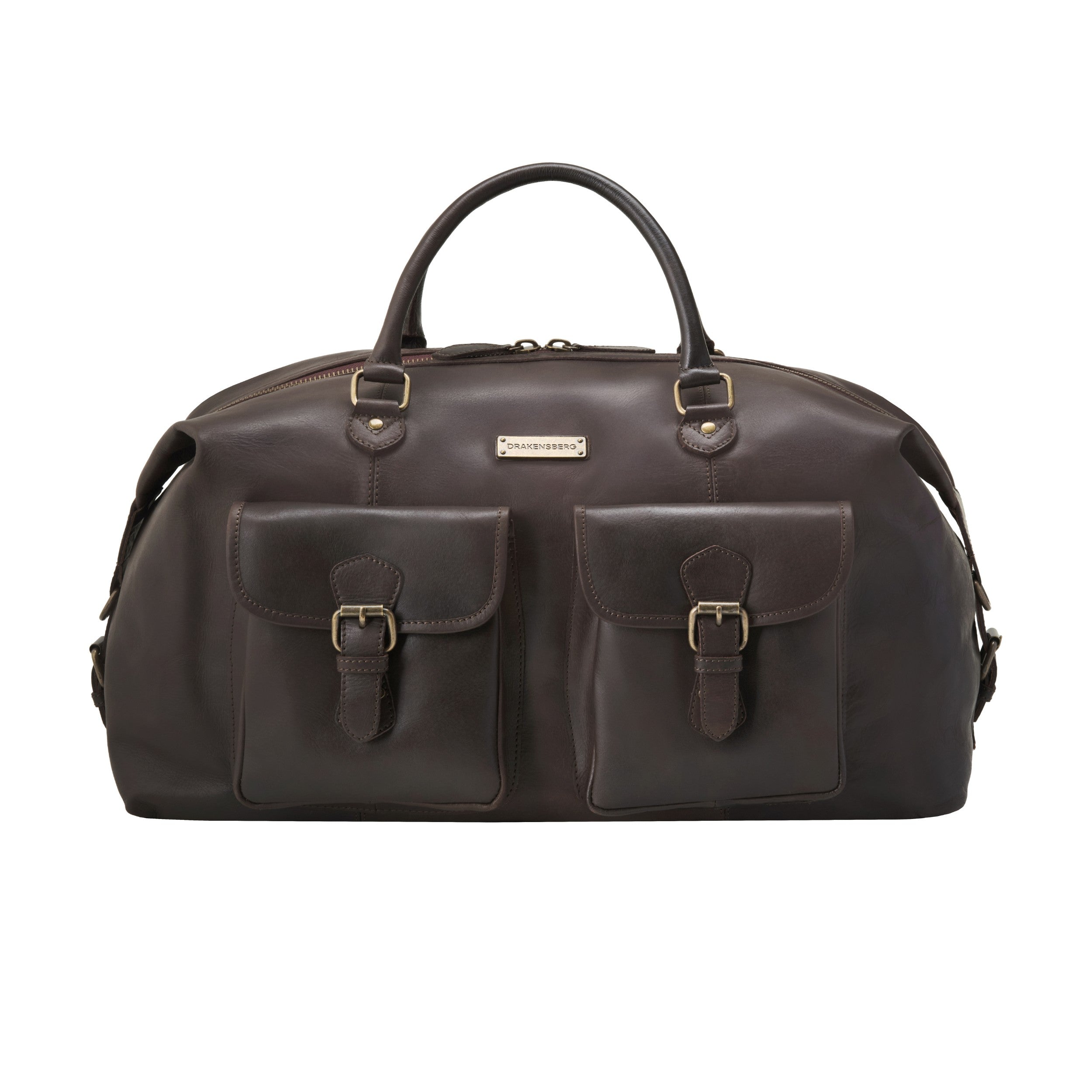DRAKENSBERG Leder-Reisetasche Ray in Dunkelbraun, handgefertigt aus robustem Büffelleder mit zwei Fronttaschen und Messingbeschlägen. - Frontale Aufnahme