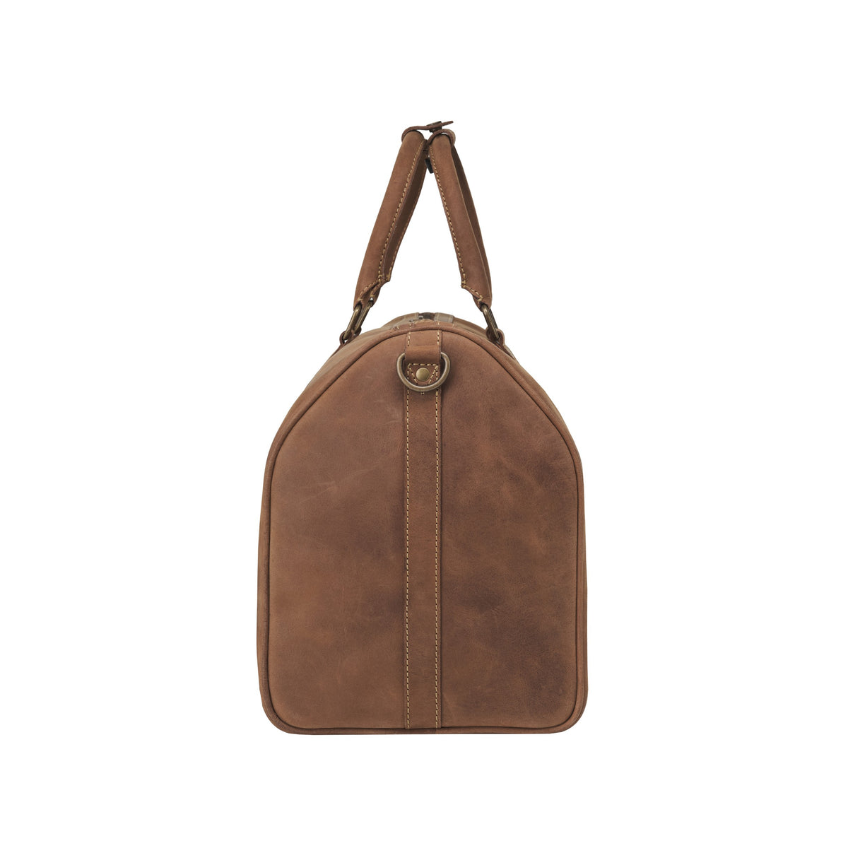 Leather weekender James in Havana Brown – side view with shoulder strap attachment