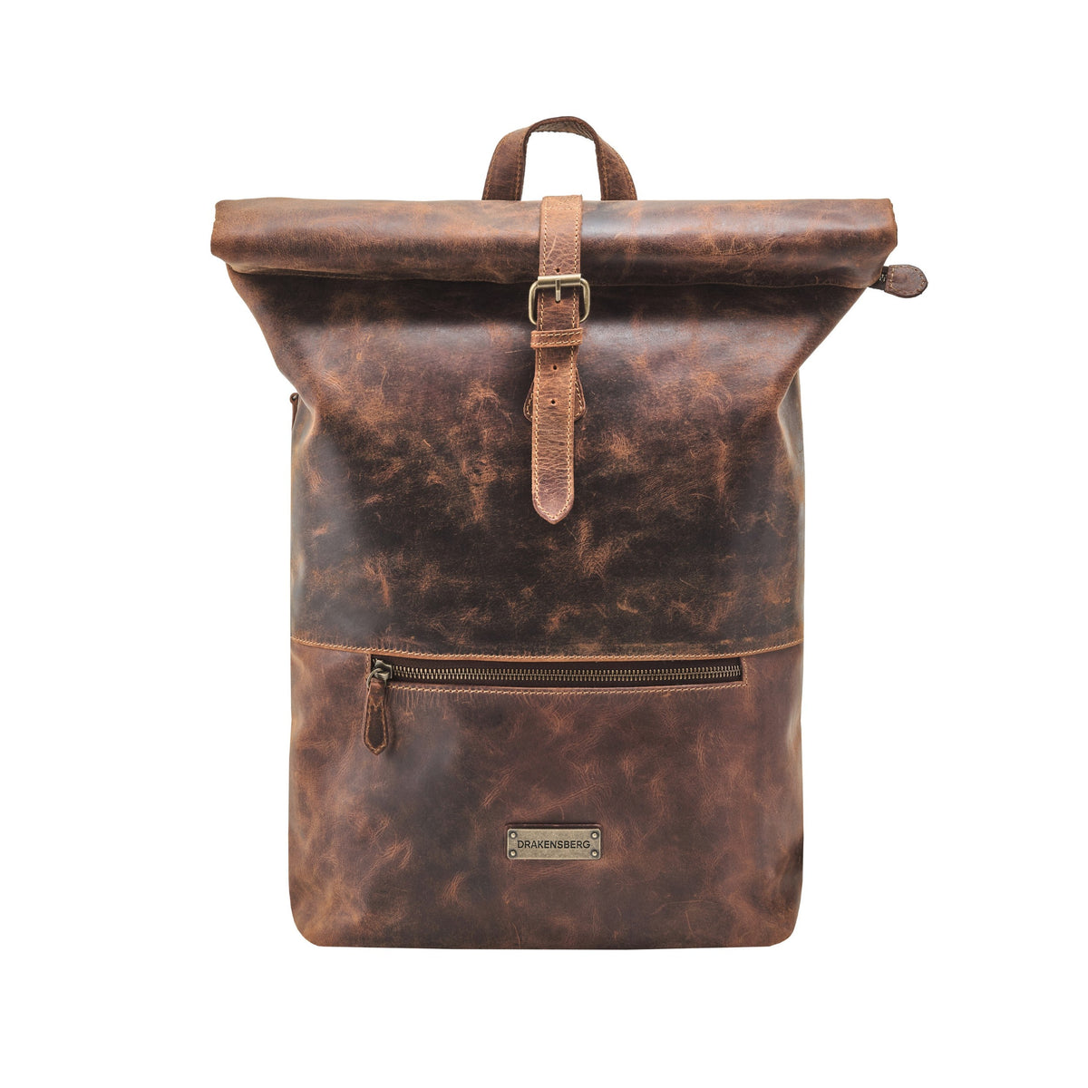 Ryan leather rolltop backpack in Antique Brown – front view with rolltop