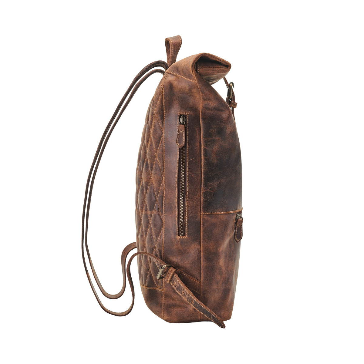 Ryan leather rolltop backpack in Antique Brown – side view