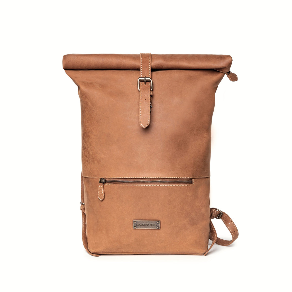 Ryan leather rolltop backpack in Cognac Brown – front view with rolltop