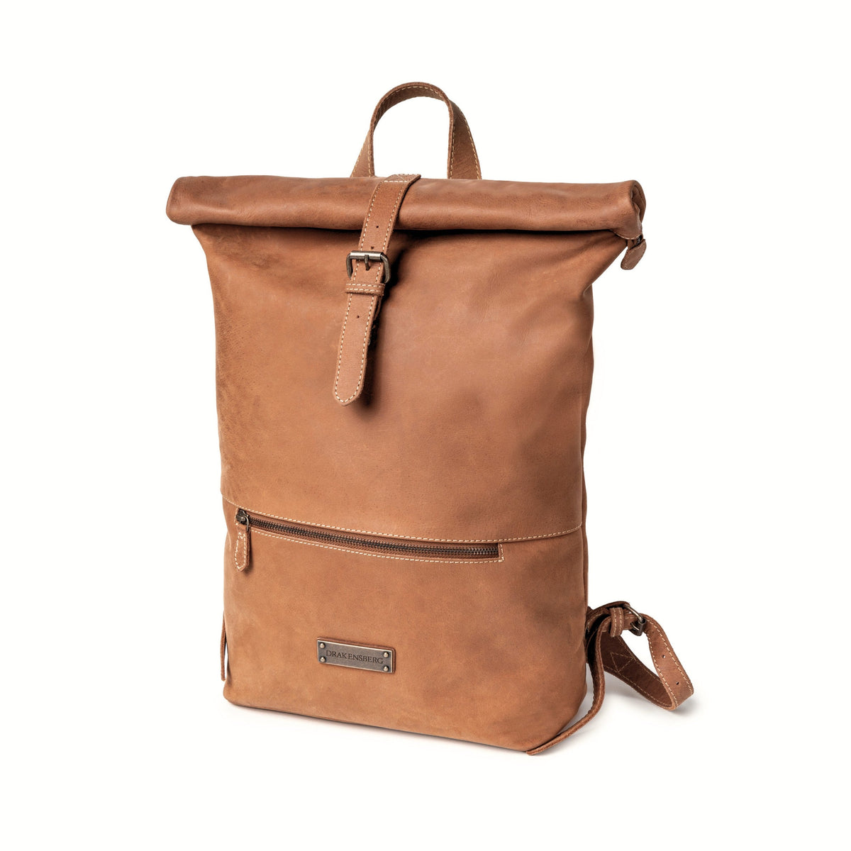 Ryan leather rolltop backpack in Cognac Brown – view of the rolltop backpack