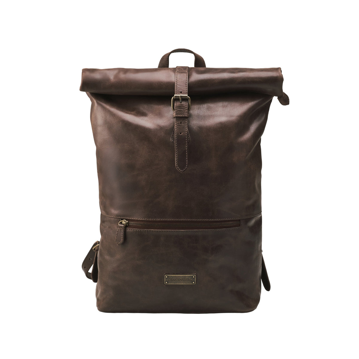 Ryan leather rolltop backpack in Coffee Brown – front view with rolltop