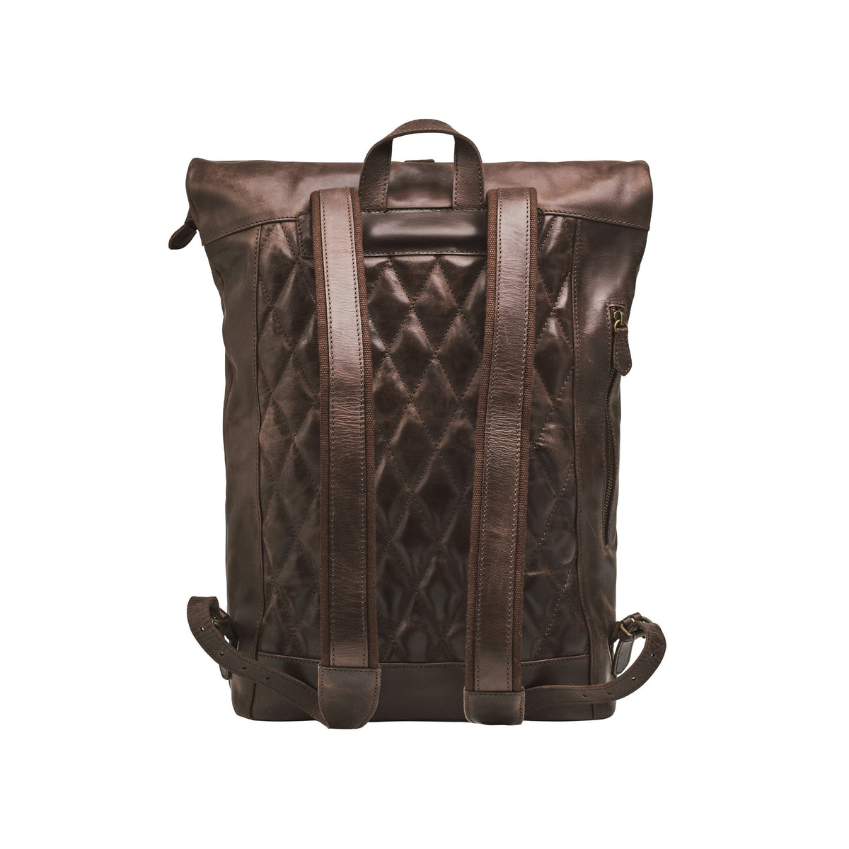Ryan leather rolltop backpack in Coffee Brown – padded back with Diamond-Stitch quilting