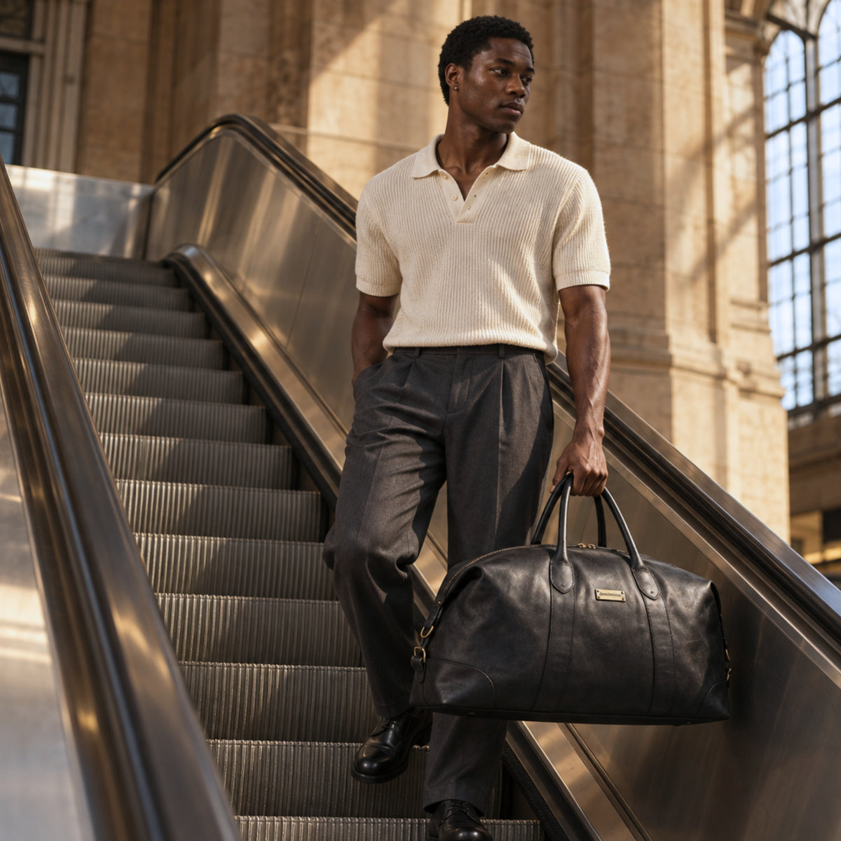 Weekender David in Büffelleder in der Hand eines farbigen Mannes auf einer Rolltreppe einer Bahnhofsvorhalle