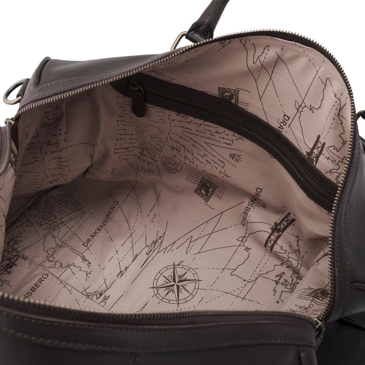 Open main compartment of the Coffee Brown Mitch weekender with printed cotton lining