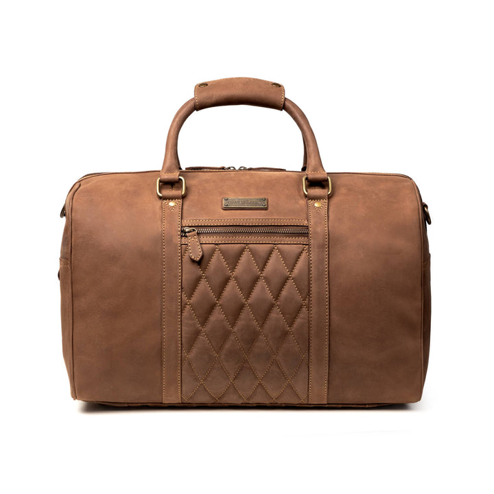 Front view of the Mitch leather weekender in Havana Brown