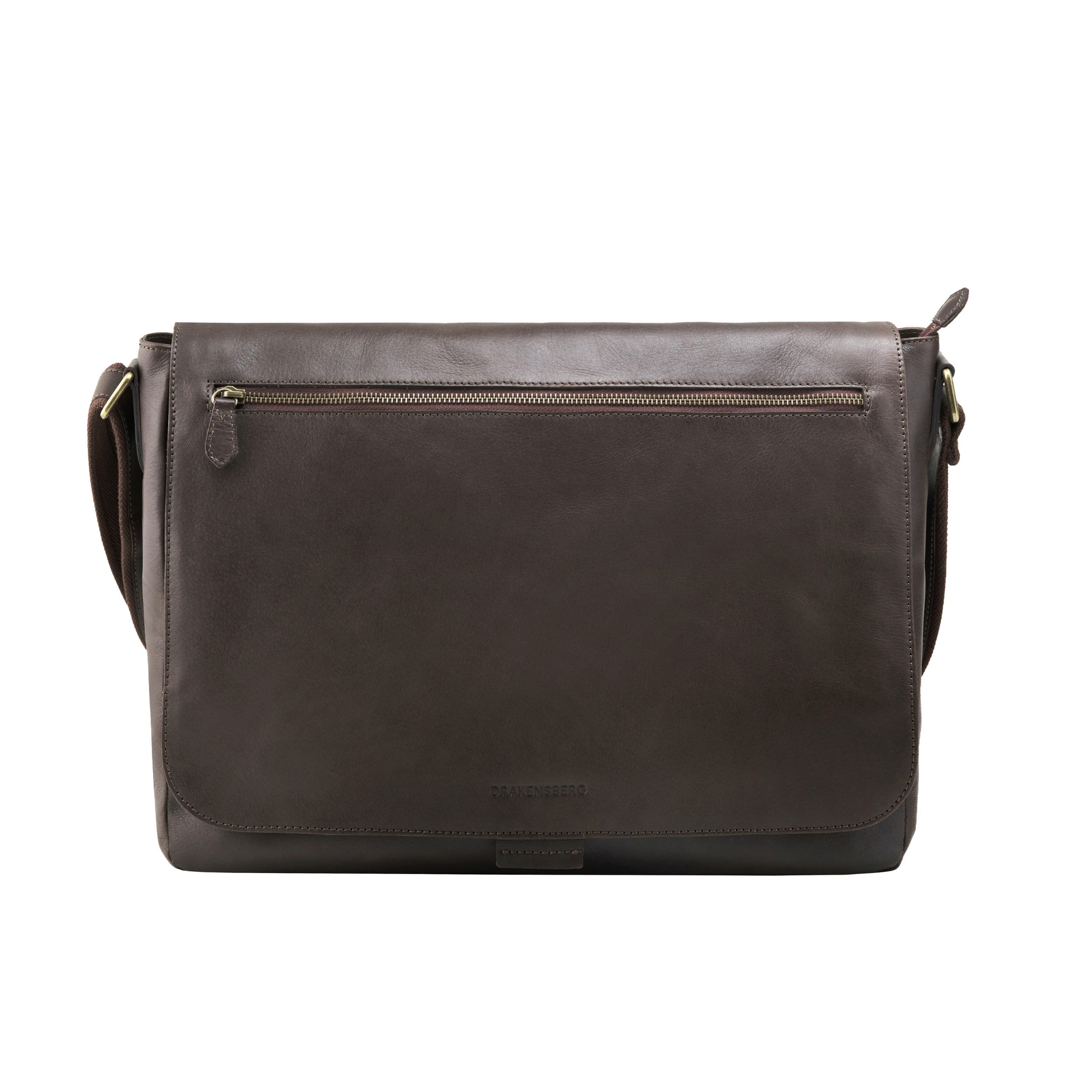 DRAKENSBERG Messenger Bag Leon mit 16" Laptopfach und Trolley Strap, Kuriertasche Dunkel Braun - Frontal