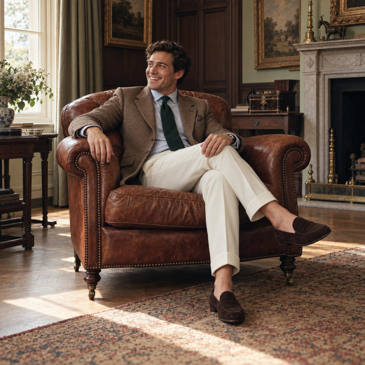 Mann in Sakko, Krawatte und heller Hose in einem Ledersessel als Inspiration für den klassischen Preppy-Stil